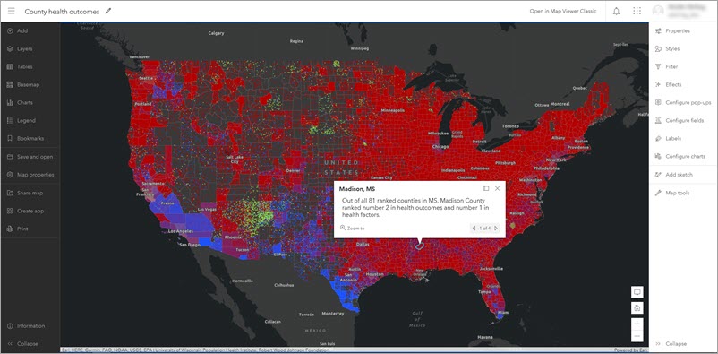 County health outcomes map in the new Map Viewer with the Contents and Settings toolbars displayed County health outcomes map in the new Map Viewer with the Contents and Settings toolbars displayed